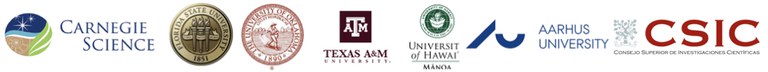 Logos from our partner institutions: Carnegie Science, Florida State University, The University of Oklahoma, Texas A&M University, University of Hawaii, Aarhus University, and CSIC